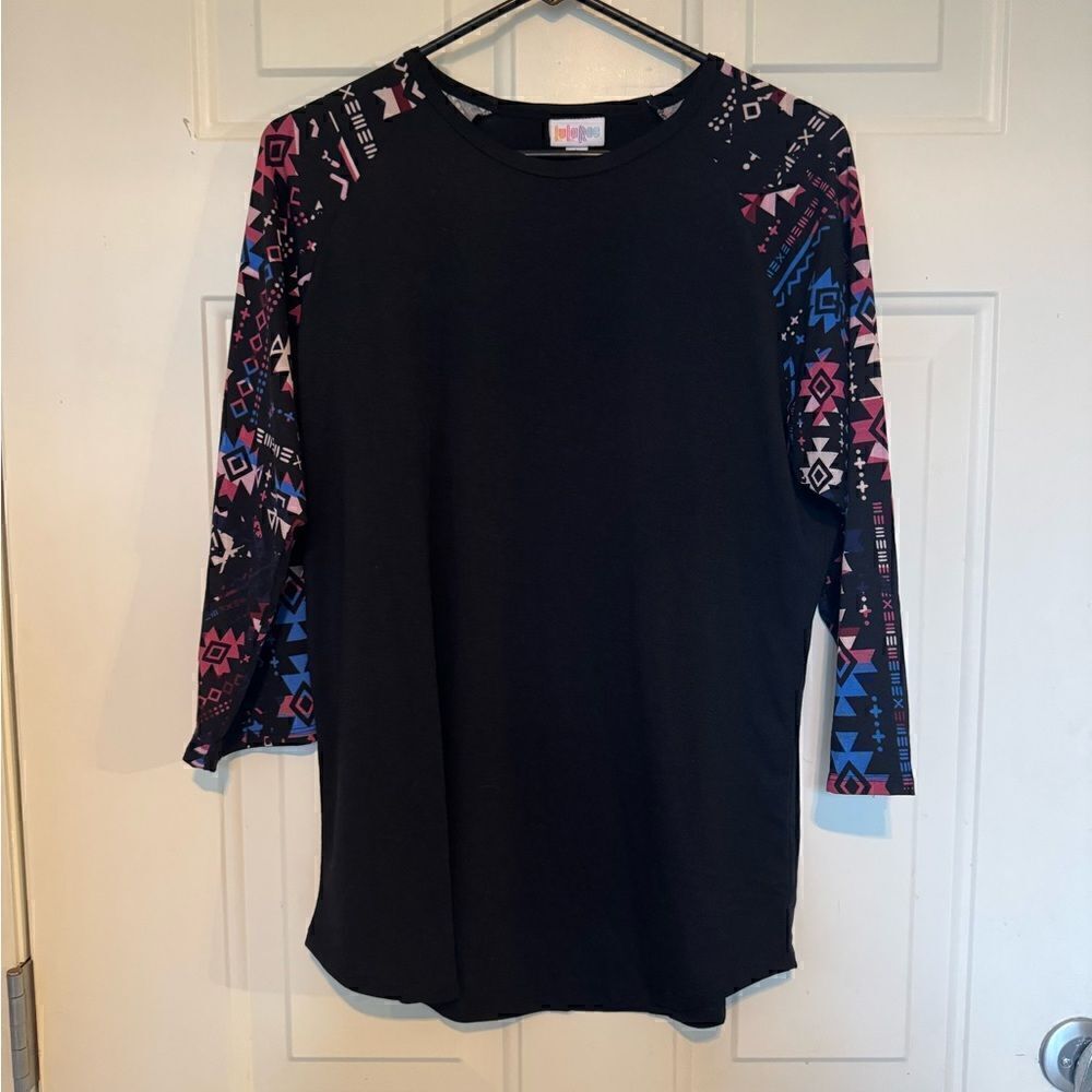LuLa Roe "Randy Top" Black w/ Pink and Blue Aztec 3/4 length sleeves LLR Size L